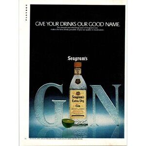 1981 Seagram's Gin Vintage Print Ad Ice Sculpture Lime 80s Bar Room Wall Art
